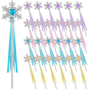 24 Pcs Snowflake Wand Snowflake Winter Fairy Wands Muticolor Princess Wand Ice Magic Wand with Ribbon Winter Theme Party Princess Party Favors Birthday Wedding Cosplay Decorations Play Supplies