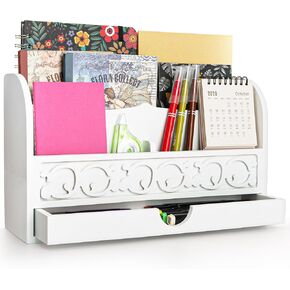 Goaste White Desktop Organizer with Drawer, Wooden Mail Storage Box, 4 Compartment Mail Sorter Organizer, Rustic File Bill Holder, Farmhouse Letter Paper Storage Basket for Home Office Supplies