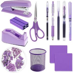 Gueevin 12 Pcs Purple Office Supplies Purple Desk Accessories Stapler with Staples Tape Dispenser Pen Holder Box of Paper Clips Pens Sticky Notes for Office Home