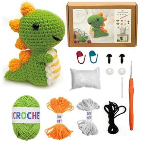 Crochet Kit for Beginners Adults, Beginner Crochet Kit for Adults and Kids Learn to Dinosaur Crochet Kit, Crochet Animal Kit Starter Knitting with Step-by-Step Video (Green Dinosaur)