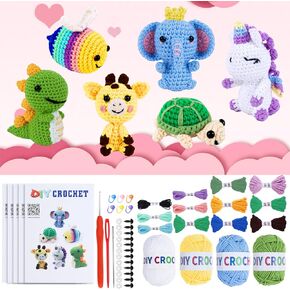6PCS Crochet Kit for Beginners, Knitting Kit with Step-by-Step Video Tutorials, Beginner Crochet Kit for Adults, Crochet Animal Kit for Beginners Kids, Complete Kit Included 6 Cute Animals,Holiday