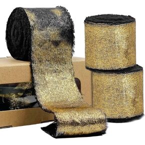 Black Gold Chiffon Ribbon, Shimmery Gold Silk Ribbon Frayed Edge for Bridal Flower Bouquet Gift Wedding Invitations, New Years Eve Party Supplies, Gifts Wrapping DIY Crafts 1.5" x 16.5Yd 3 Rolls