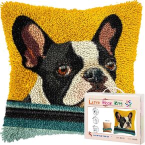 DIY Latch Hook Pillow Kits for Adults Cute Boston Terrier Dog in Car Printed Pillowcase Crochet Yarns Hooking Handmade Pillow Cover Cushion for Home Sofa Decoration 17x17inch(3)