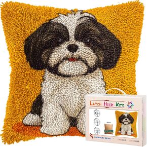 مجموعات وسادة خط ربط DIY للبالغين كرتون Shih Tzu الكلب المطبوعة وسادة خيوط الكروشيه الكروشيه ربط وسادة وسادة اليدوية الصنع لزينة أريكة المنزل 17x17inch-5