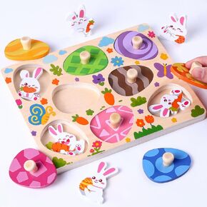Easter Wooden Pegged Puzzles 8pcs Bunny Matching Egg Puzzles Easter Montessori Toys for Toddlers Kids Easter Puzzles Toys for Easter Basket Stuffers Party Favors Classroom Prizes Gifts
