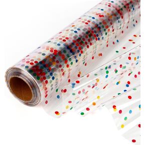 CMFYHM Extra Wide Clear Cellophane Wrap Roll(34" x 100’Ft) Multicolor Polka Dots Transparent Thicker Cellophane Roll, Cellophane Wrap for gift baskets, Flowers, Holiday,Christmas Decorations