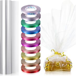 Zonon 31.5 Inch x 100 Ft Cellophane Wrap Roll Cellophane Bag Cellophane Basket Wrap with 10 Rolls Colorful Curling Ribbon Metallic Curling Balloon Ribbon for Flowers Baskets Handicraft Crafts (Clear)
