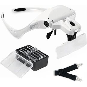 Magnifying Glasses with 2 LED Lights, Headband Magnifier with 5 Interchangeable Lenses 1X, 1.5X, 2X, 2.5X 3.5X - Hands Free Headband Magnifier for Close Work and Eyelash Extensions