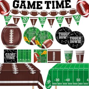 Football Party Supplies Kit - Includes Football Shaped Plates, Dessert Plates, Napkins, Cups, Banner, Balloons, Touchdown Tablecloth for Football Birthday Party Football Game Day, Serve 24