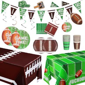Football Party Decorations, Football Party Supplies Kit Serve 24 Includes Football Tablecloth Plates and Napkins Cups Banner Hanging Swirls for Football Birthday Game Day Tailgate Party Decorations