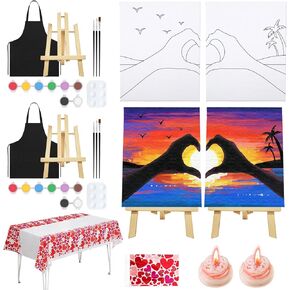VOCHIC Date Night Idea Painting Kit for Couples Sip and Paint Kit for Adults Couples Pre Drawn Canvas to Paint for Adults Art Set Sunset Heart Valentine 2 Pack 8" X 10"