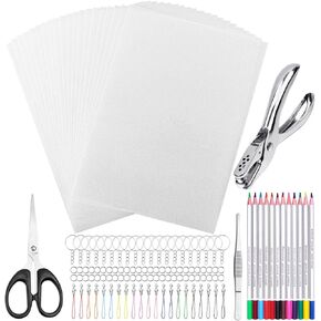 shynek Shrinky Plastic Sheets Keychain Kit, 125Pcs Shrinky Art Kit Including 20 Pcs Shrinky Paper Sheets, Hole Punch, Pencils, Keychains, Tweezers, Scissors for Crafts and Keychains