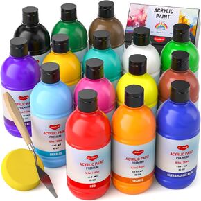 15 Colors Large Acrylic Paint Set (16.9 oz,500 ml), Bulk Acrylic Paint Non-Toxic Art Painting Supplies on Multi Surface Canvas Wood Craft Fabric Rock for Artist Beginner with Color Wheel