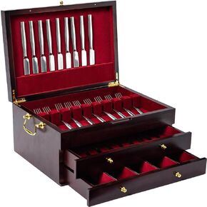 Genrice Wooden Silverware Chest بدون فضيات من ثلاث طبقات ، تخزين مربع الفضة للفضة ، علبة الفضة مع مقبض ومحسّن ، صندوق مسطح لمدة 12 أو 16 مجموعة أو أكثر من الأدوات