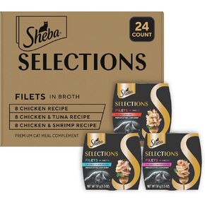Sheba Selections Filets in Broth Adult Wet Cat Meal Complement Chicken, Tuna, or Shrimp Recipe, 1.3 oz. Cups, 24 Count