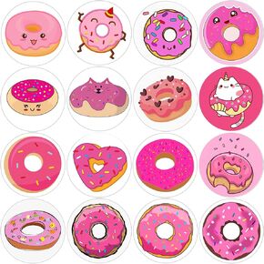 600 Pcs Pink Doughnut Stickers for Kids Girls 1.5 Inch 16 Styles Pink Doughnut Snack Dessert Stickers Roll for Kids Birthday Party School Reward Giveaways