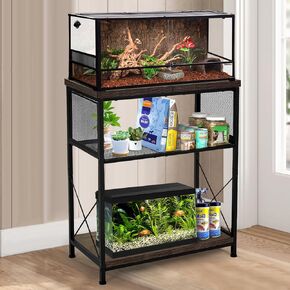 LALA IKAI Fish Tank Stand, 10-20 Gallon Metal Aquarium Stand Table with 2 Tiers Storage Shelf, 4-Leg Reptile Tank Stand 25.59" L x 12.60" W x 30.70" H, Black
