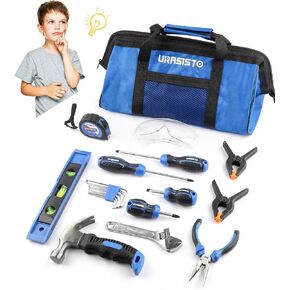 18-Piece Kids Tool Set with Tool Storage Bag, Junior Real Hand Tool Kit for Boys & Girls, Children Learning Tools for DIY Building and Woodworking, Age 8+