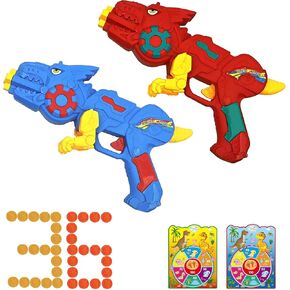 2 Pack Dinosaur Blasters Gun Toy for Toddlers Age 3-5, Disc Shooter Toy Set with 2 Blasters and 36 Jet Discs, T-Rex Dinosaur Toys Gift for 5-7 Year Old and Up (Red and Blue)