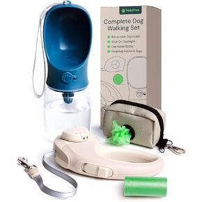 MalsiPree Retractable Dog Leash Set with a Poop Bag Holder, 12oz Water Bottle, Flashlight & 20 Poop Bags for Leashes - 9.8ft Leash Retractable for Small to Medium Dogs (Sand & Teal)