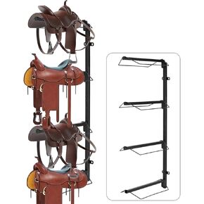4 Tier Heavy Duty Saddle Rack Wall-Mounted, Equestrian Western and English Saddle Stand, Steel Horse Saddle Storage Holder Supports to 260LB, Saddle Racks Holds Tack Accessories Pad for Horses