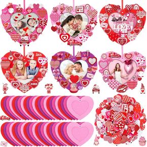 Ferraycle 232 Pieces Valentines DIY Picture Frames Craft Kit 32 Pieces Valentine Photo Frames with 200 Pieces Heart Shaped Foam Stickers for Valentine's Day, Craft Art, Home Decor(Heart Shape)