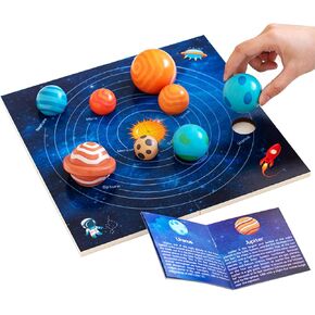 Adena Montessori Wooden Solar System Model Board for Kids,Montessori Toy Wooden Solar System Planet Puzzle with 3D Planets Models for 3-6 Kid,Preschool Science Toys STEM Toys Gift for Boys Girls