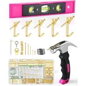 Picture Hanging Kit, 220PCS Picture Hangers, Magnetic Hammer and Level Picture Hanging Tool Set. Wall Frame Hanging Kit Including Nails, Wire, Hooks, for Hanging Pictures/ Art (Rose Red)