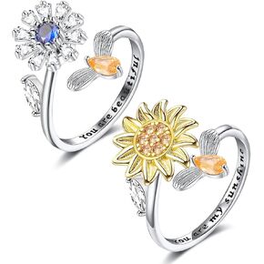Honsny Fidget Rings for Women, Spinner Fidget Ring Set, Sunflower Butterfly Bee Star Moon Relief Spinning Rings for Adults