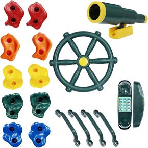 RedSwing Playground Accessories,Backyard Swing Set Pirate Plastic Playground Equipment Set with Ship Wheel, Telescope, Telephone,Rock Climbing Holds and Safety Handles for Outdoor Playhouse,Green