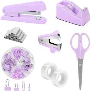 SKYDUE Purple Desk Accessories, Purple Office Supplies Set, Stapler, Tape Dispenser, Scissors, Binder/Paper Clips and 1000pcs Staples,Office Supplies for Women