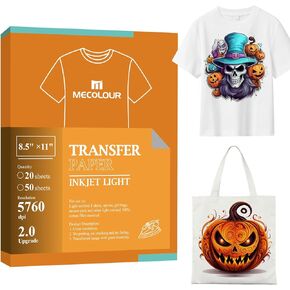 MECOLOUR Iron On Heat Transfer Paper for Light Fabric 8.5x11 for T-Shirt Totes Bags for Any Inkjet Printer 50 Sheets, Long Lasting Printing Transfer Paper for Heat Press, Halloween, New Year