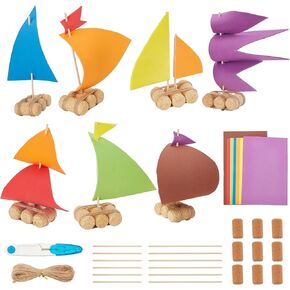 INFUNLY 7 Set DIY Cork Boat Kit Wooden Sailboat Kits Model Boat Building Woodcrafts Miniature Rowboat for Paint & Decorate