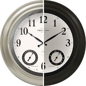 Presentime & Co 24" Jameson Illuminated in/Outdoor Clock, Modern Farmhouse, Self-Illuminated, Waterproof, Weather Station (Thermometer & Hygrometer), Metal Clock, Morning Silver. (Night Light)