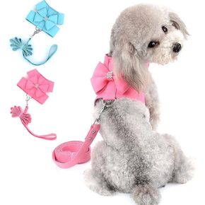 SELMAI Small Pet Dog Cat Bling Rhinestone Harness and Leash Set Bow Girls Soft Ultra Suede Leather, Adjustable/No Pull Lightweight Easy Walk Escape Proof Vest