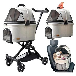 ROODO Dog Stroller Cat Stroller 3 in 1 Pet Stroller with Detachable Carrier&Car Seat Best Lightweight Folding Portable All Terrain Travel Pet Stroller for 30lbs Small Dogs and Cats (Light Khaki)