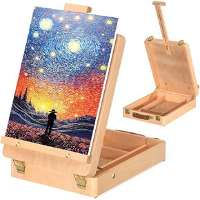 Wooden Tabletop Easel, Adjustable Table Top Art Easels for Painting, Beechwood Sketchbox Easel, Portable Artist Desktop Case for Beginners and Professionals