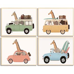 Car Animal Nursery Wall Art Funny Giraffe Animals Driving Cars Traveling Poster Canvas Print Transportation Vehicle Painting Watercolor Picture Wall Decor Artwork for Boy Kids Theme Room 8X10in