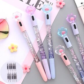 Kawaii Liquid Sand Glitter Pens Set, Plastic Cute Fun Pens, 0.5mm Cat Paw Shiny Luminous Ballpoint Pens Black Link, Back to School Supplies for Teen Girls Women (6pcs Cat Paw Head Pen+ 10 pcs Refill)