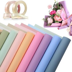 Thenshop 36 Sheets Waterproof Double Color Flower Wrapping Paper Floral Bouquet Supplies Florist Packaging Paper and Gold Border Satin Ribbon for Class of 2025 Graduation Wedding(Light Color)