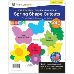 240 Pieces Spring Leaves, Butterflies, Flowers Punch Out Paper Cutouts in Assorted Spring Colors, 2-Sided US Made Card Stock for Spring Crafts, Bulletin Boards, Posters, and Spring Dance Parties
