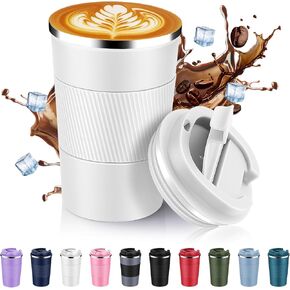 Volhoply 13 oz Stainless Steel Insulated Travel Coffee Mug with Fip Lid,Reusable Double Wall Vacuum Metal Coffee Cup,Portable to Go Leak Proof Cafe Thermal Tumbler for Hot & Cold Drinks(White,1)