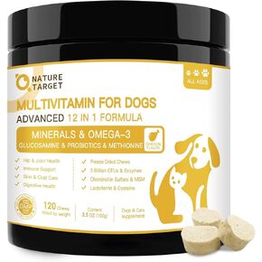 NATURE TARGET Dog Multivitamins for Overall Health with Minerals, Immune Support, Digestive Health, Joint, Hip, Skin & Coat Care with Probiotics, Glucosamine, Enzymes, 120 Freeze Dried Chews