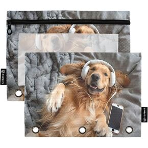 Blueangle Golden Retriever Dog Pencil Pouch for 3 Ring Binder, 2 Pack Binder Pencil Pouch with Clear Window Pencil Bags with Zipper for Office（430）