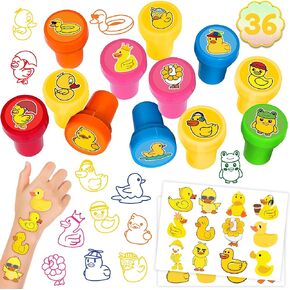 36PCS Duck Party Favors 24 Tattoos Sticker 12 Stamp Set - Ideal Rubber Duck Themed Birthday Decor Supplies Goodie Bag, Decorations Classroom Gifts, Cute Rewards for Girls, Baby Shower Prizes