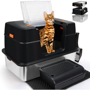 SZEE Stainless Steel Litter Box with Lid, Cat Litter Box Easy to Clean and NO Absorb Odor, Extra Large Litter Box with Open/Enclosed Modes, Includes Litter Scoop, Litter Mat & Trapping Box