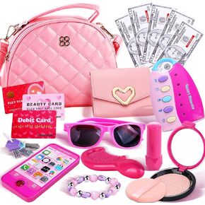 Purse Makeup Kit - Pretend Play Princess Make Up Set for Girls, with Mini Bag Toy Cell Phone Wallet Money Credit Card Accessories Kit Gifts for Toddler Ages 3,4,5,6,7,8,9,10,11,12 Years Old
