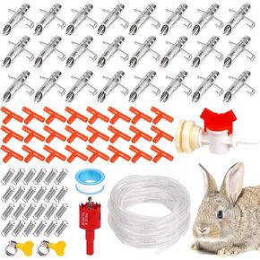 Automatic Rabbit Watering System Kit Rabbit Water Dispenser Include 12 Rabbit Nipple Drinker, Hose, Connector, Hole Opener, Small Animal Rabbit Water Feeder (Silver, 12 Nipple Drinker Kit)