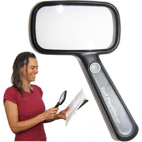 EasY Magnifier Rechargeable USB Magnifying Glass with LED Light 2X, Lighted Large Handheld Magnifier for Reading Small Prints, Gift for Elderly & Seniors with Low Vision