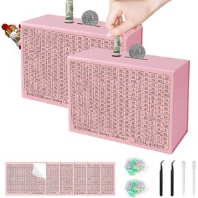 2 Pack Piggy Bank Cash Coin Box, Money Saving Box, Paper Savings Challenge Box, Flexible Saving $10000, $5000, $3000, Money Bank Safe Toys Fun Holiday Cash Box for Kids Adults Gift(Pink)